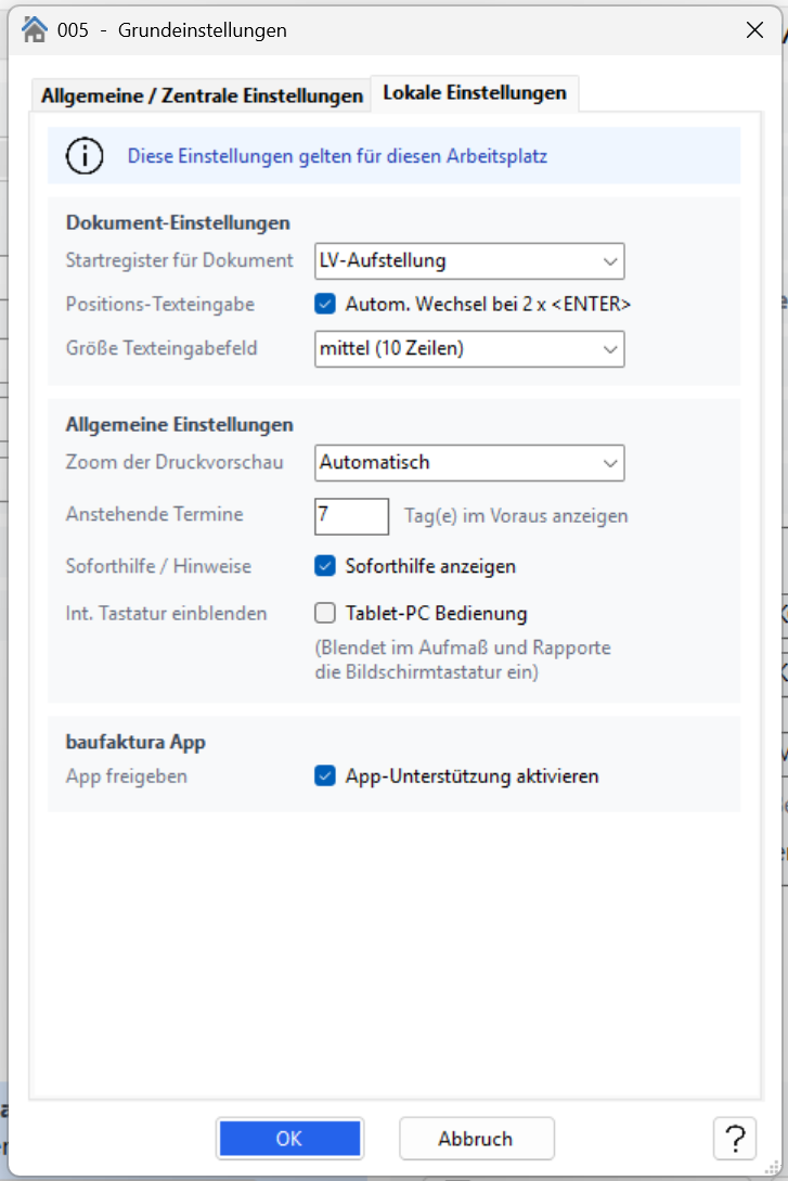 Bereich „Lokale Einstellungen" innerhalb der Grundeinstellungen.