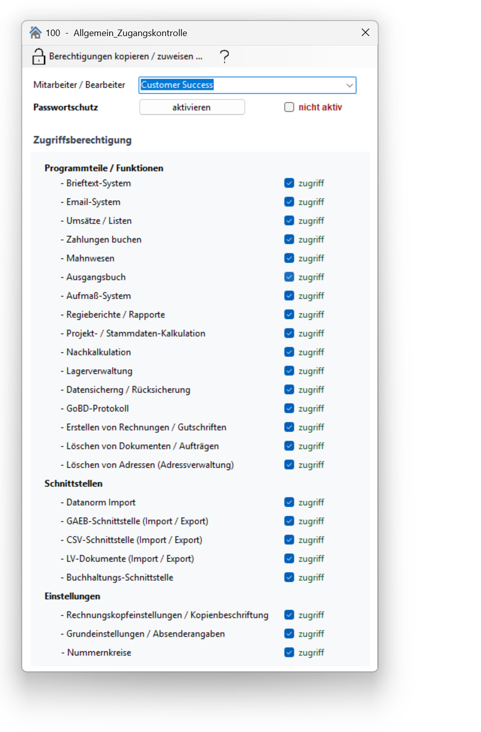 Fenster „Allgemein Zugangskontrolle" – links die Liste der Programm-Bereiche, rechts pro Zeile die Schaltfläche „Passwort eingeben/ändern/löschen