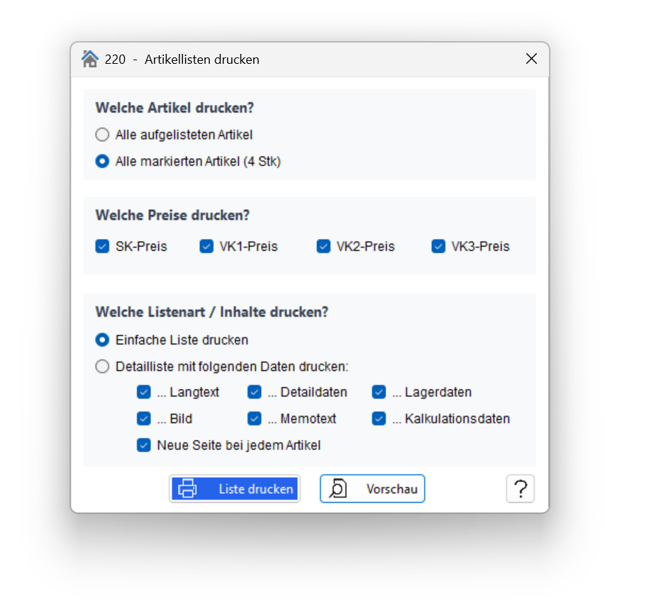 Fenster „Artikellisten drucken"