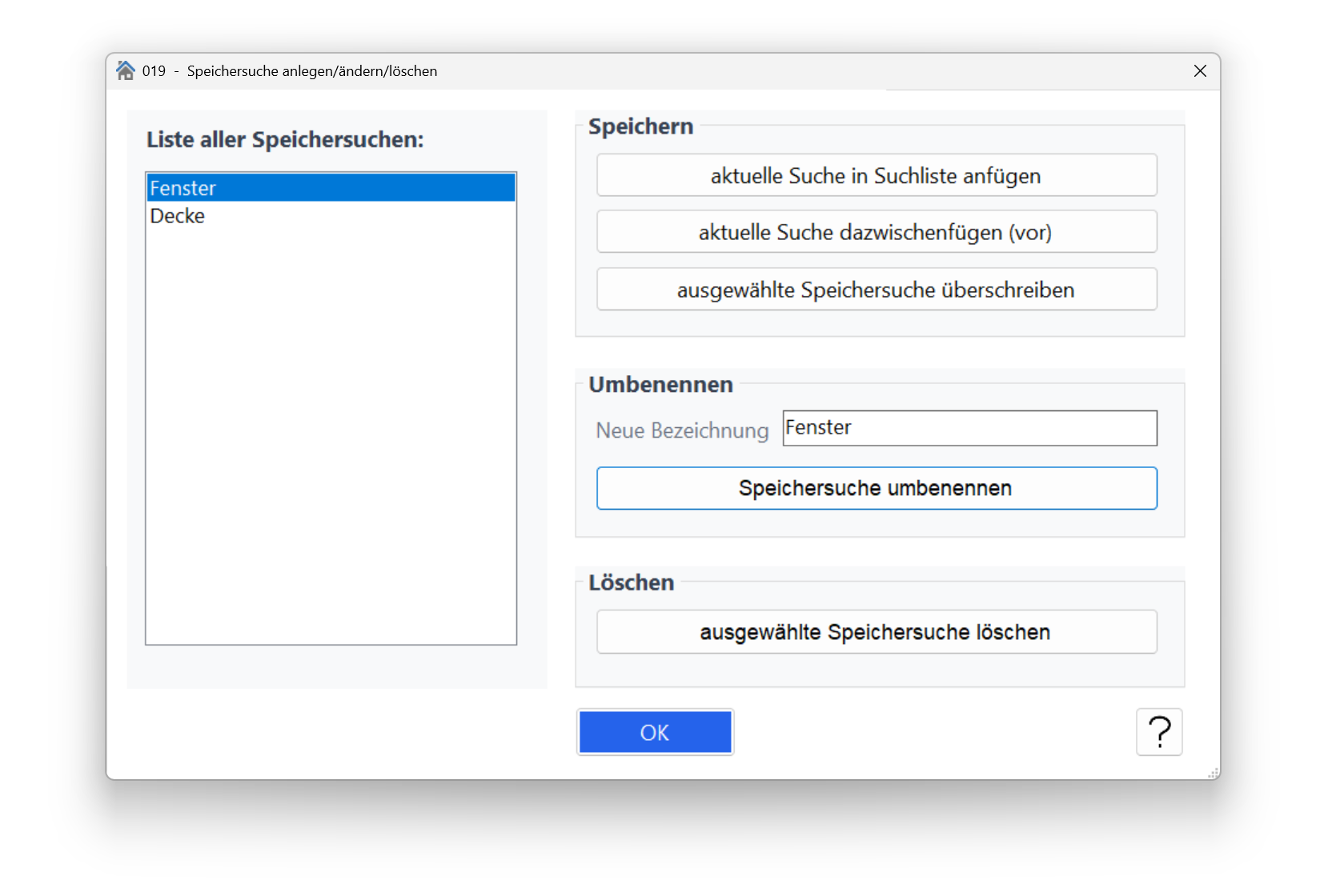 Fenster "Speichersuche anlegen"