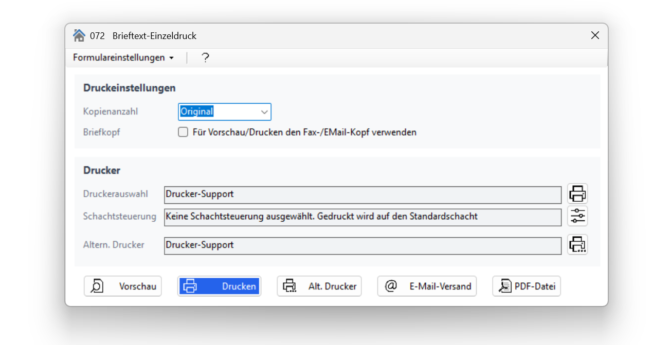 Fenster Brieftext-Einzeldruck 
