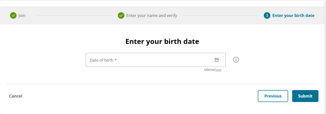 Enter date of birth screen
