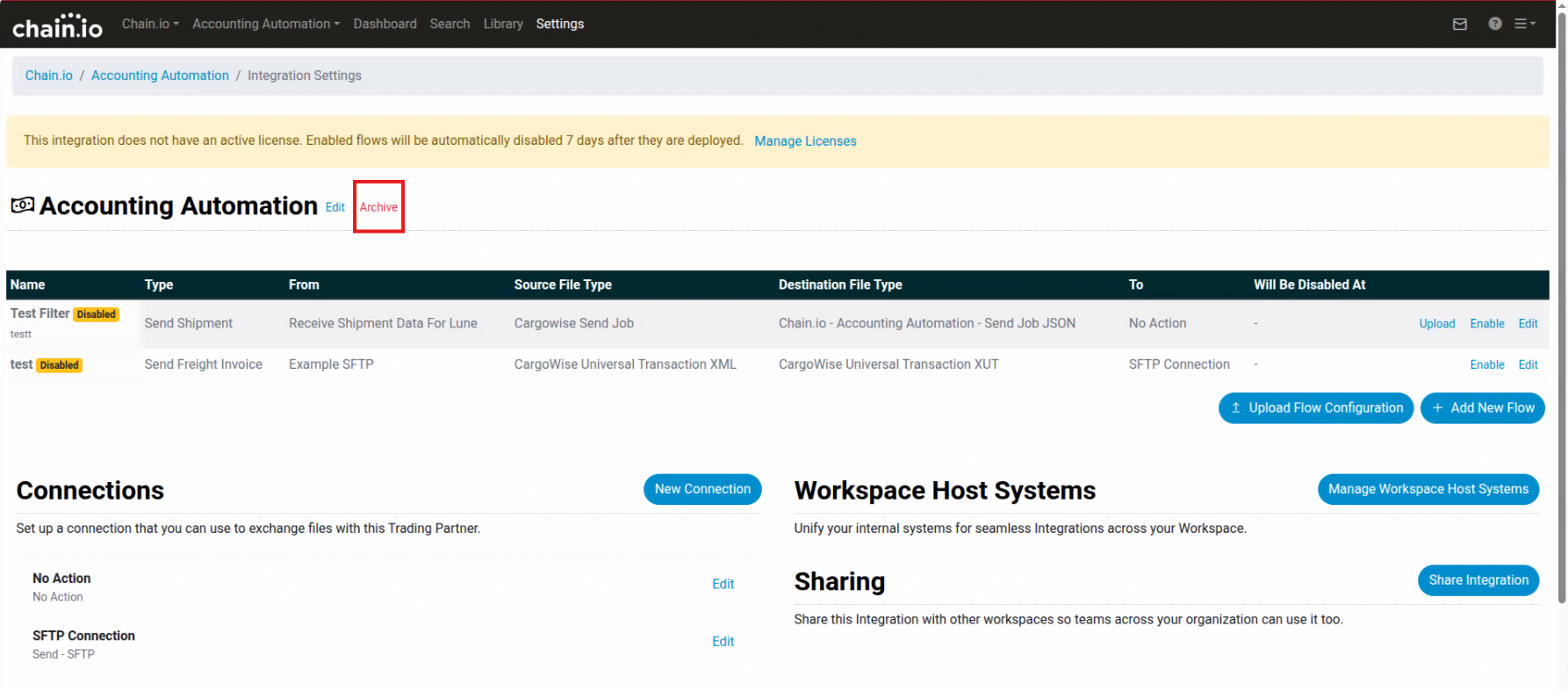 Archive button on the integration settings page