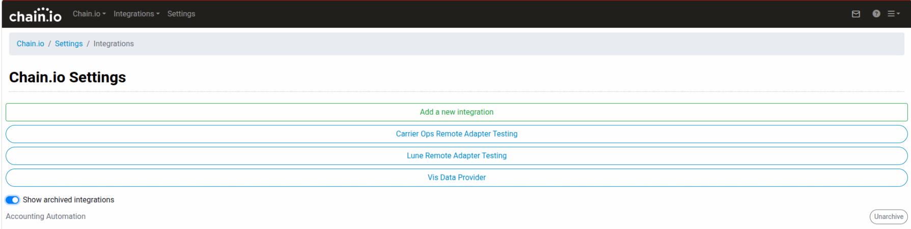 Show archived integrations toggle revealing archived integrations