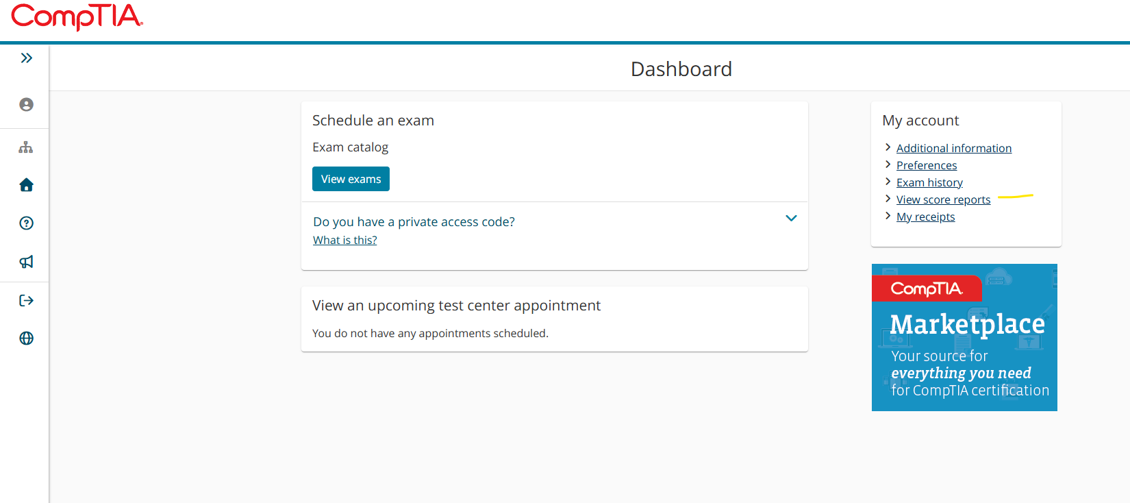 Image of CompTIA portal - Dashboard