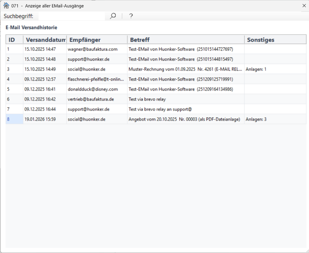 Fenster „E-Mail-Protokoll“ mit Spalten Versanddatum, Empfaenger, Betreff und Sonstiges
