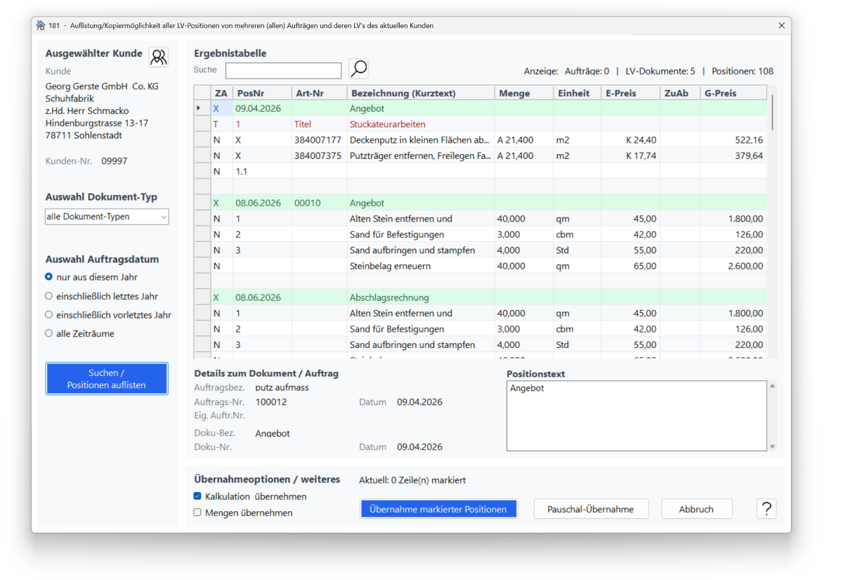 Fenster Positionsauflistung mit Filteroptionen, Tabelle und Schaltfläche Übernahme.