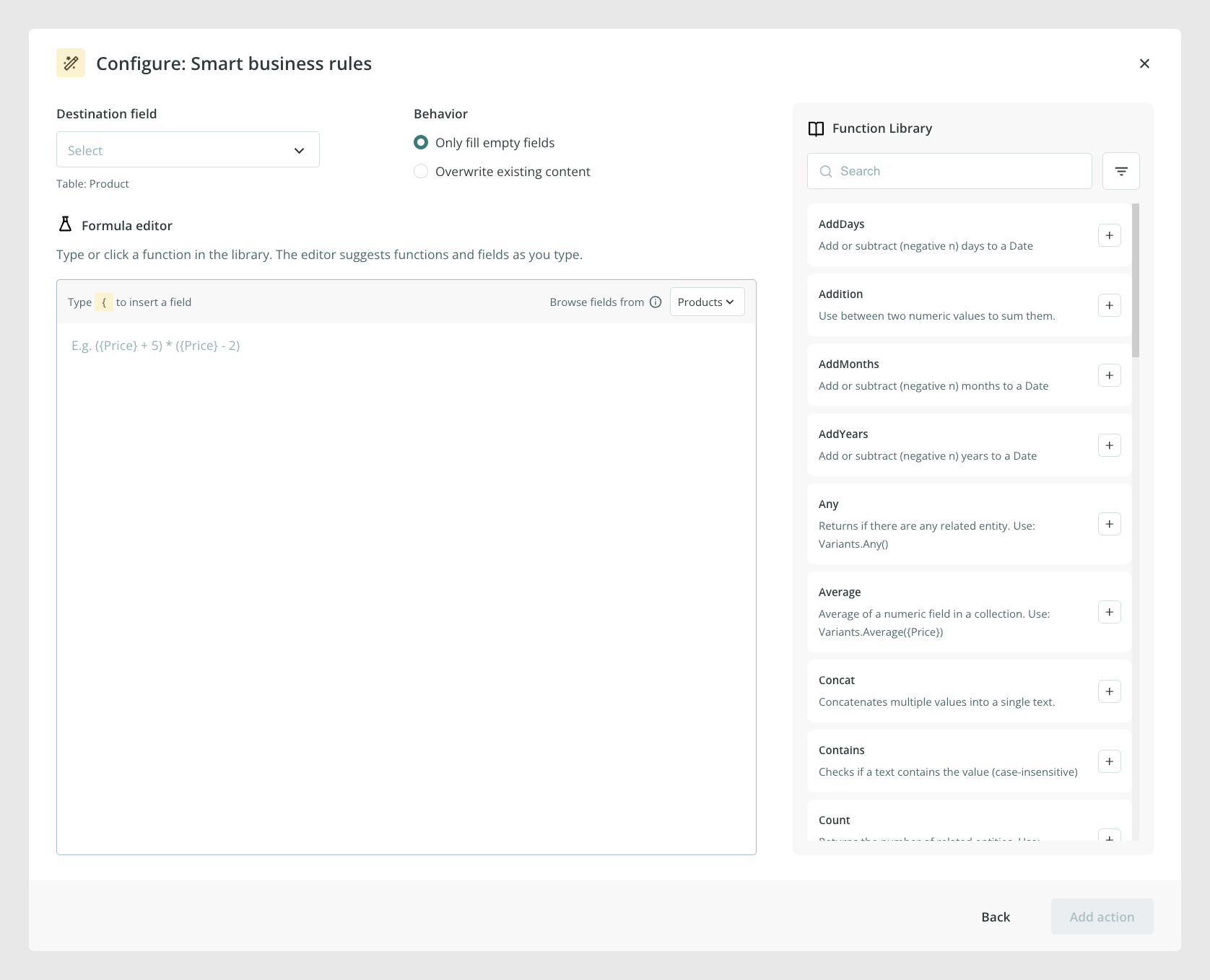 Ventana de configuración de Reglas de negocio inteligentes