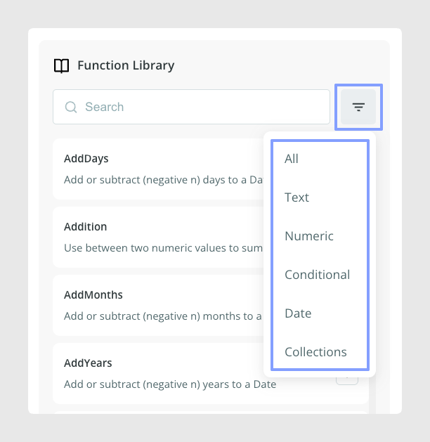 Filtros disponibles en la Biblioteca de funciones