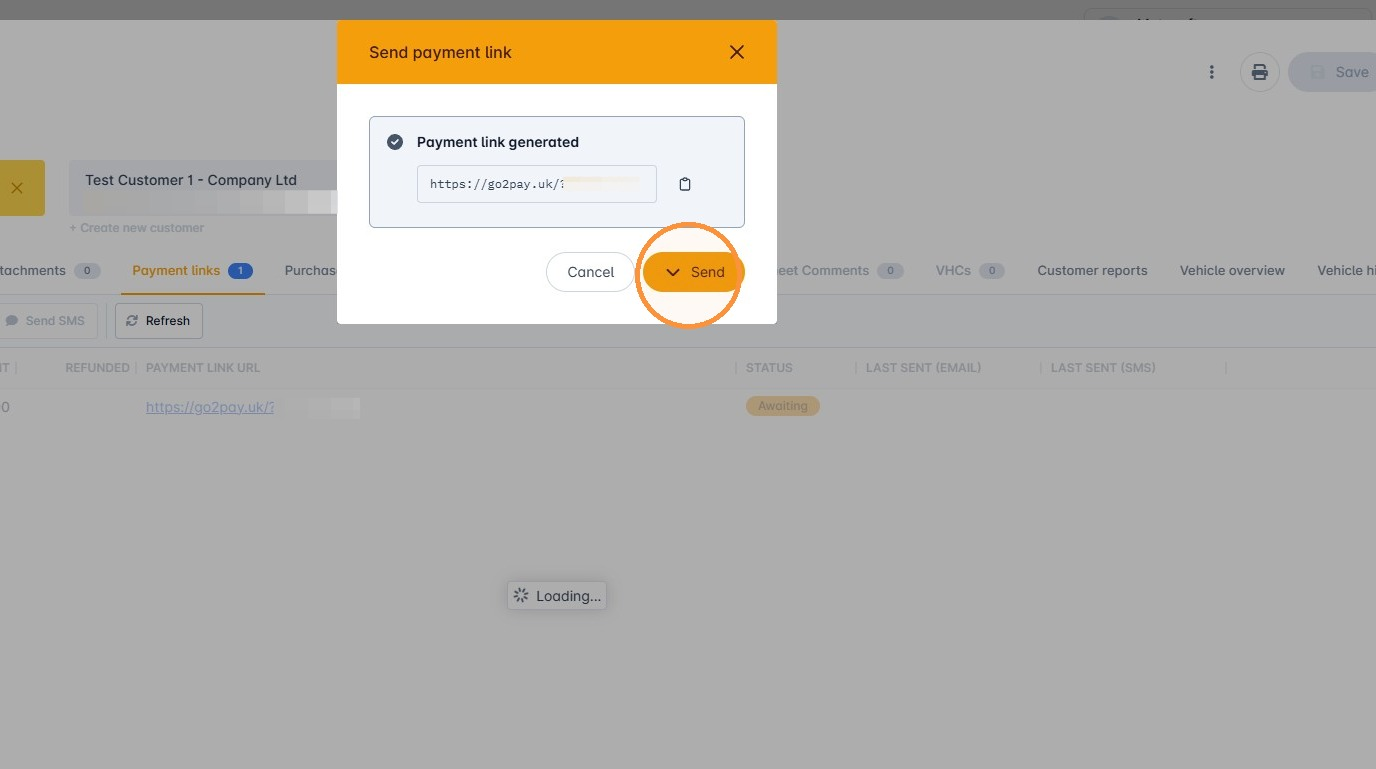 Modal showing the generated payment link