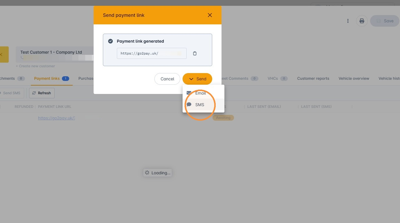 Send options for email or SMS