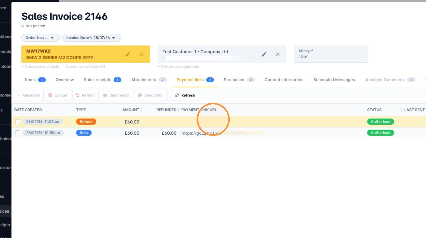 Refund shown in the Payment links tab
