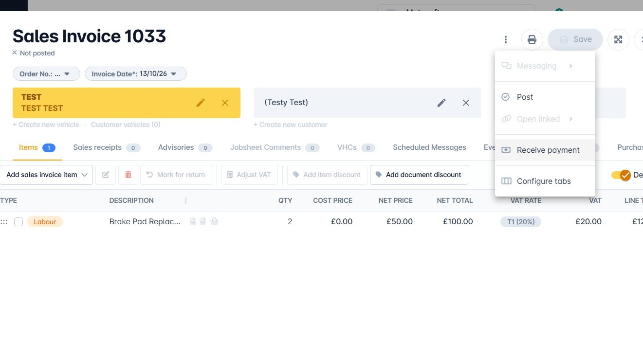 Three dots menu on the invoice with Receive Payment