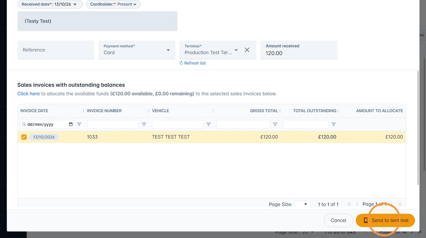 Payment amount and Send to terminal button