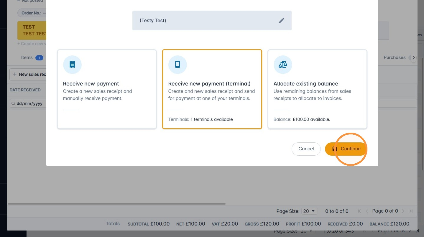 Receive new payment (terminal) and Continue button