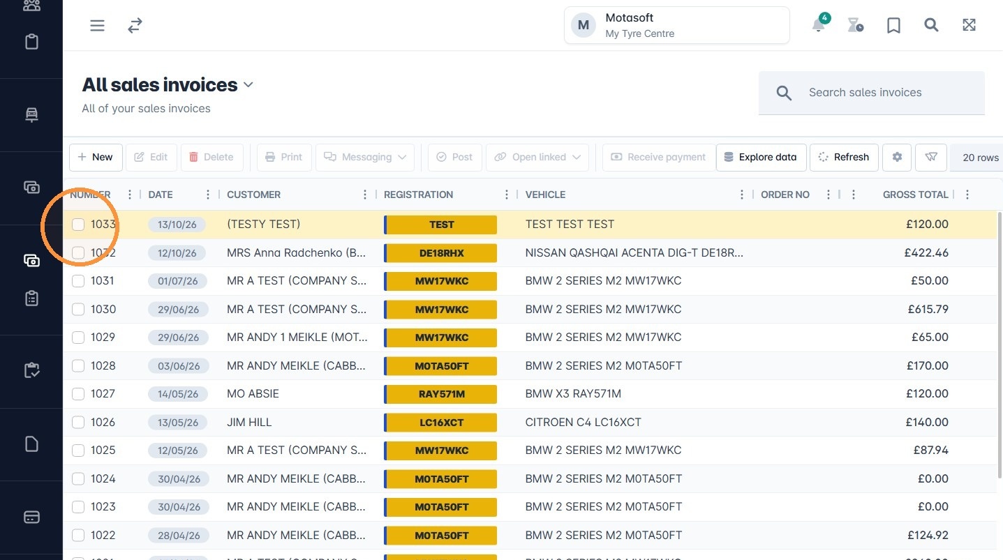 Sales grid with an invoice selected