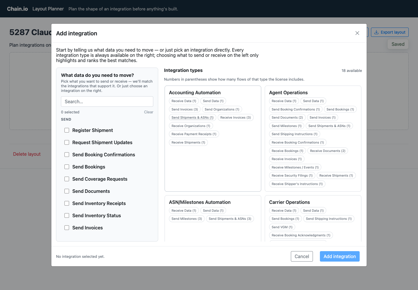The Add integration dialog in the planner, with "What data do you need to move?" on the left and the list of integration types on the right.