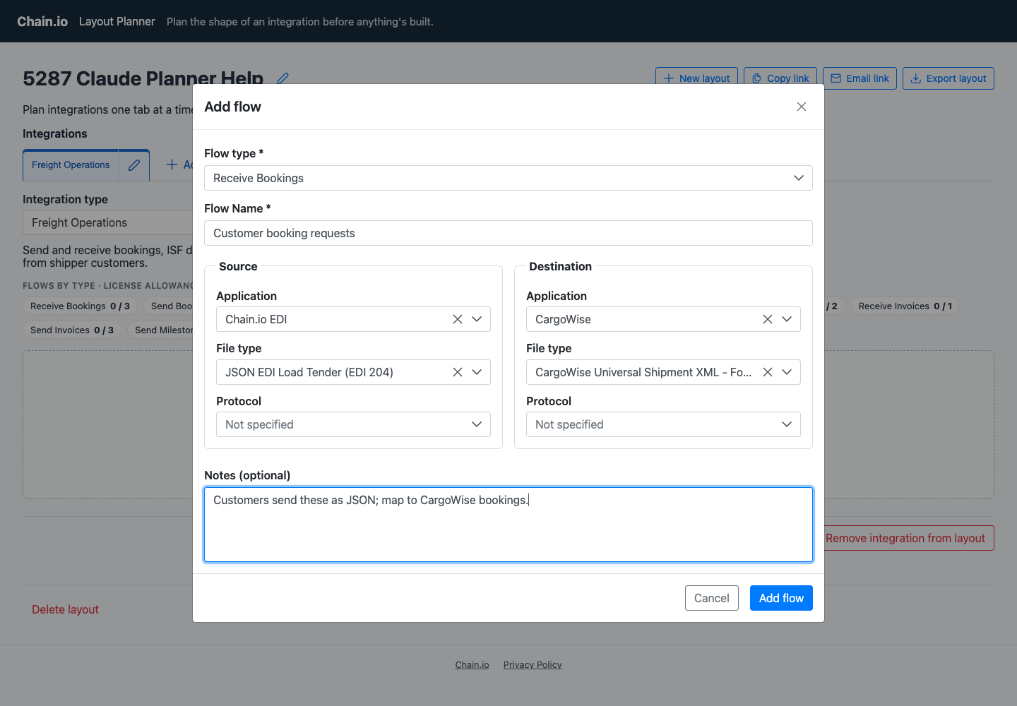 The Add flow dialog filled in for a "Customer booking requests" flow: flow type Receive Bookings, source Chain.io EDI, destination CargoWise, with notes.