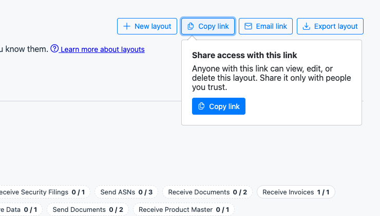 The Copy link popover in the planner, with the "Share access with this link" warning.