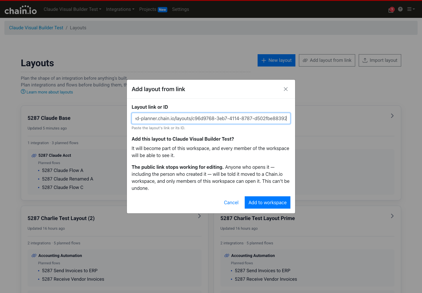 The Add layout from link dialog with a planner link pasted in and the confirmation message.