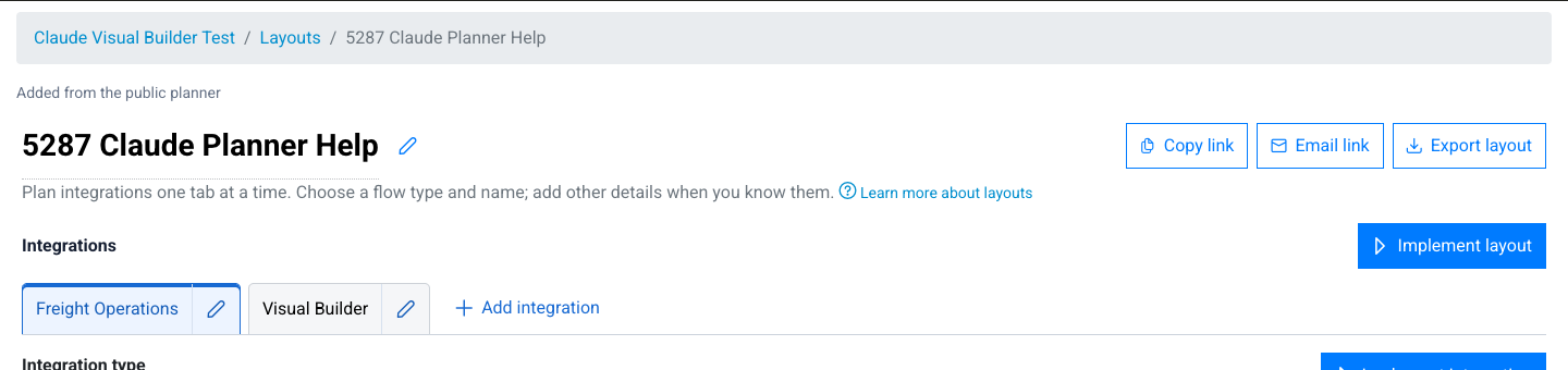 A layout open in the workspace, with the Layouts breadcrumb, the "Added from the public planner" label, and the Implement layout button.