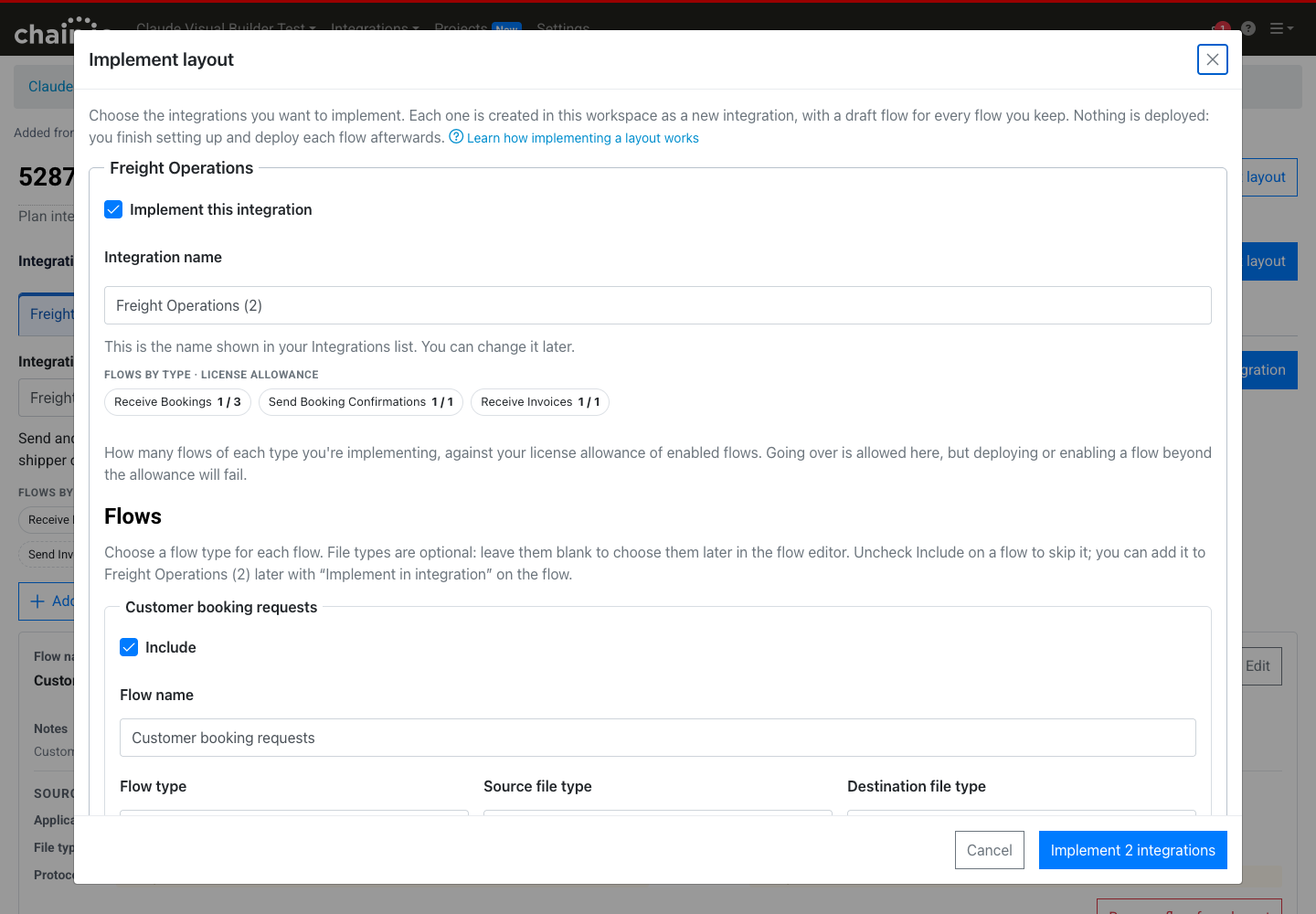 The review step of the Implement layout dialog: the Implement this integration checkbox, the integration name, the license allowance chips, and for each flow an Include checkbox and an editable Flow name.
