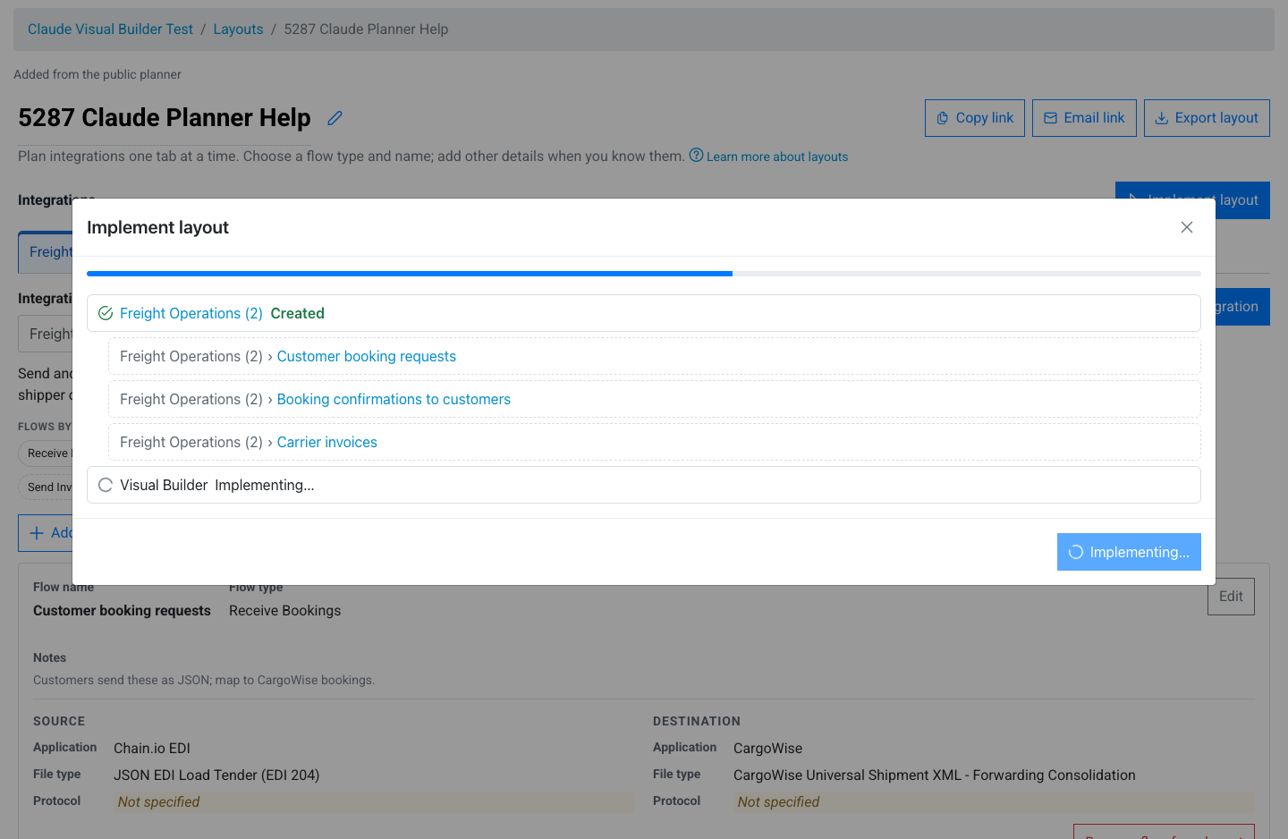 An implementation in progress: the first integration marked Created with links to its flows, and the next one implementing.