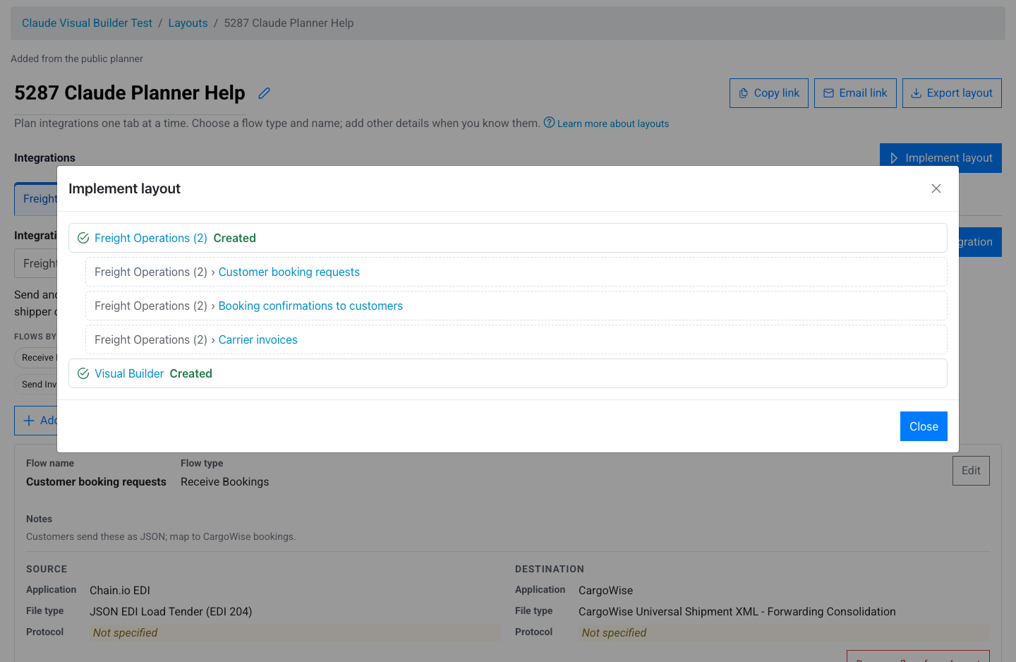 The finished run: every integration marked Created, with links to the flows that were created.