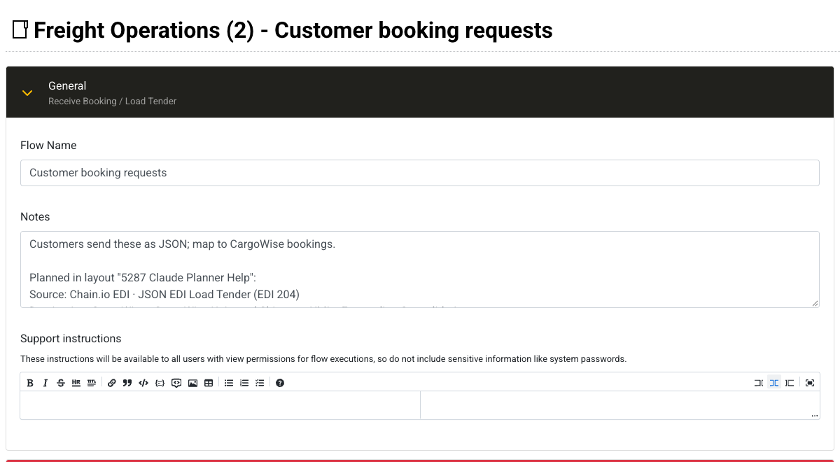 A created draft flow's General settings, with the layout's notes followed by the start of the "Planned in layout" section, which lists the planned source first.