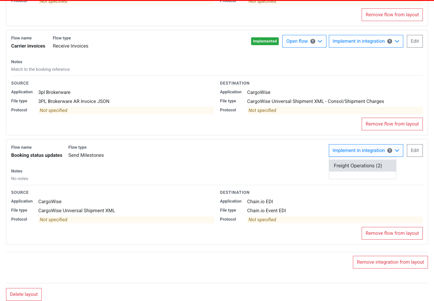 A new planned flow with its Implement in integration menu open and the integration listed.