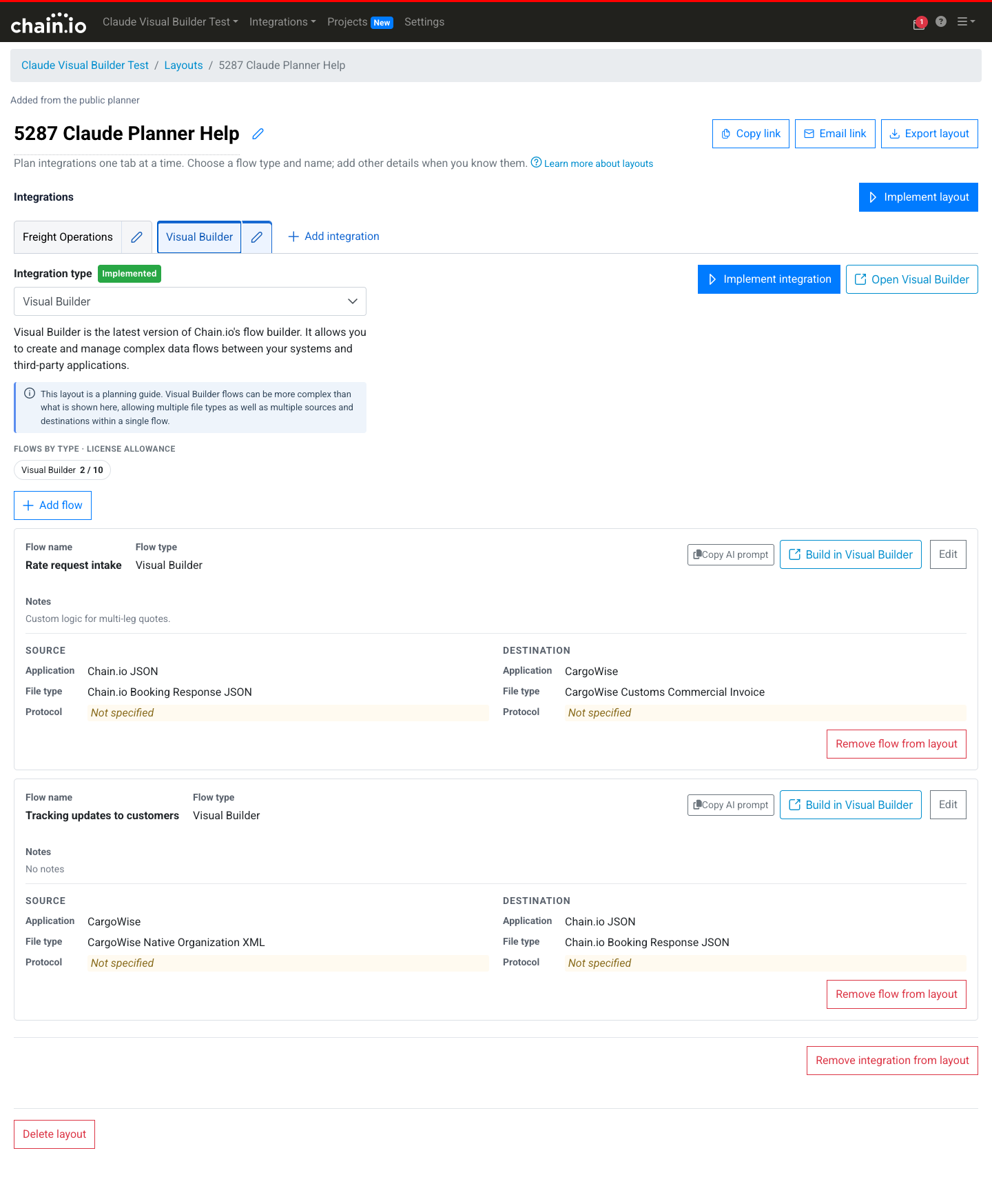 An implemented Visual Builder tab with a planned flow card showing the Copy AI prompt and Build in Visual Builder buttons.