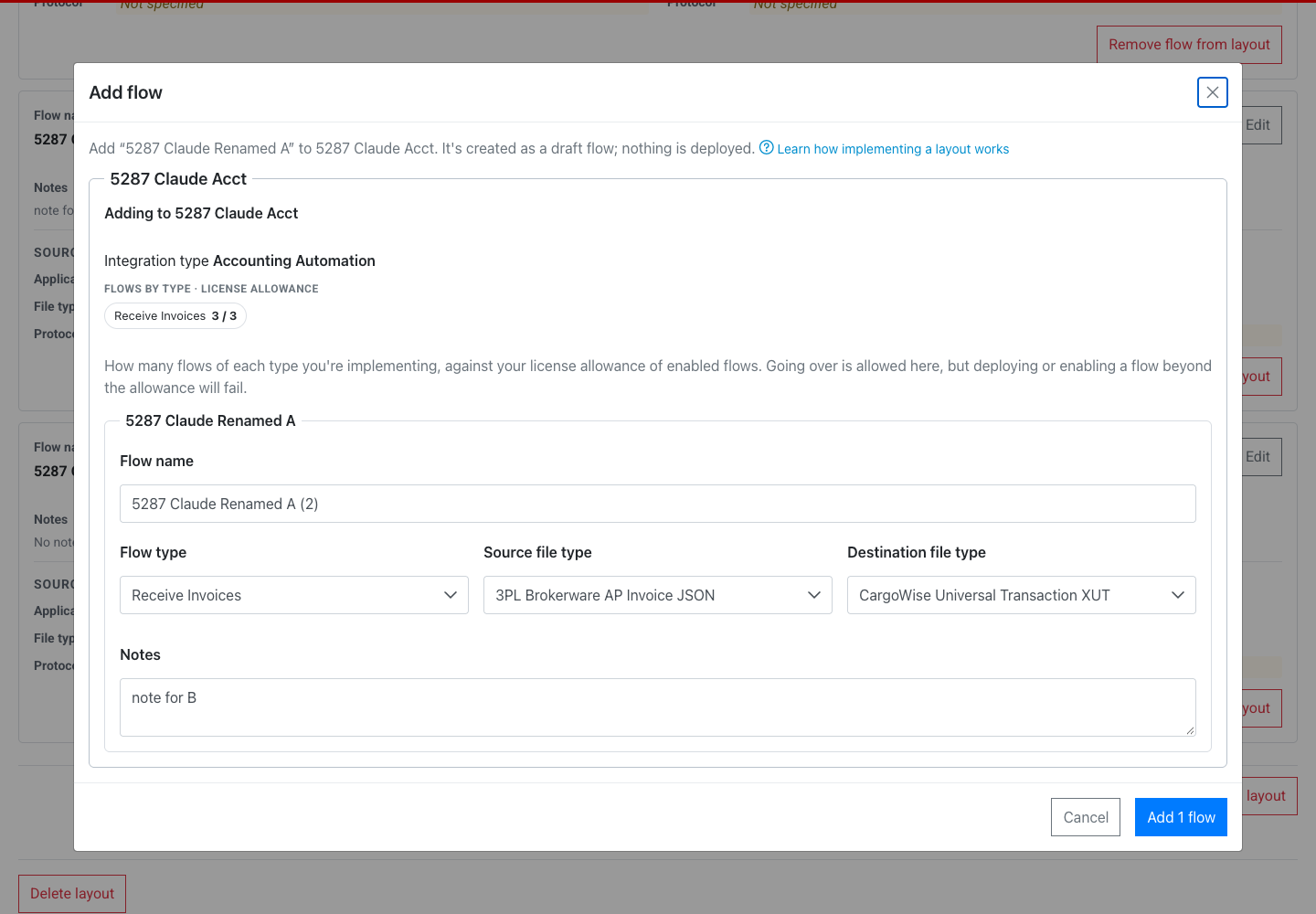The Add flow dialog for adding one planned flow to an integration that's already been implemented, with the flow name, flow type, file types, and notes.