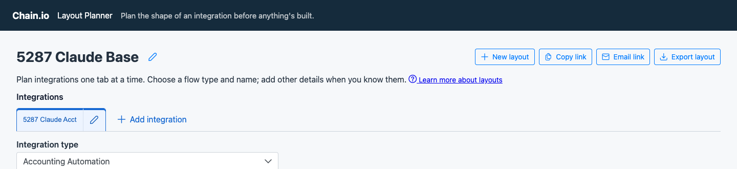 The top of a layout in the public planner: the title, the New layout, Copy link, Email link, and Export layout buttons at the top right, and the first integration tab below.