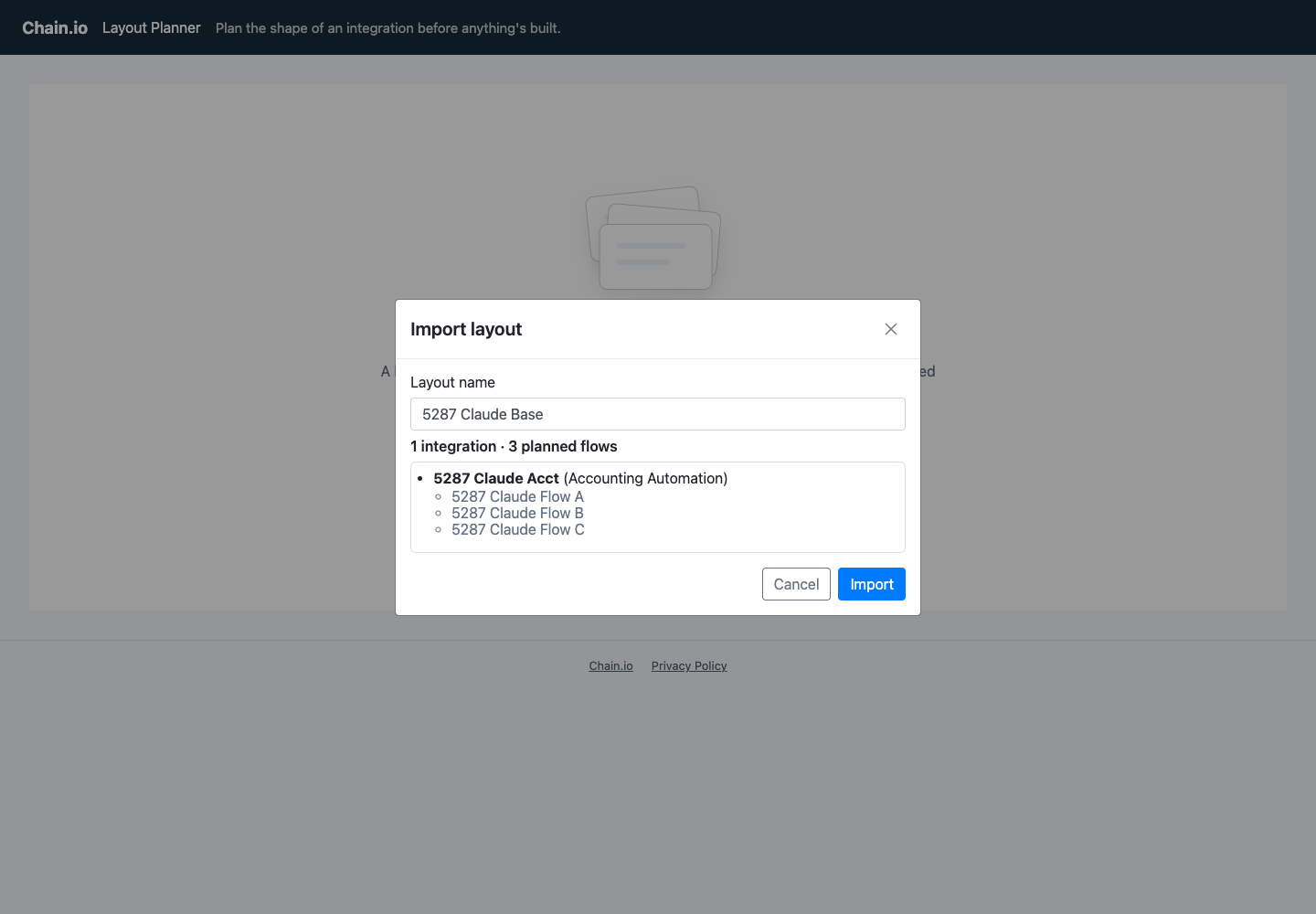 The Import layout dialog in the public planner.
