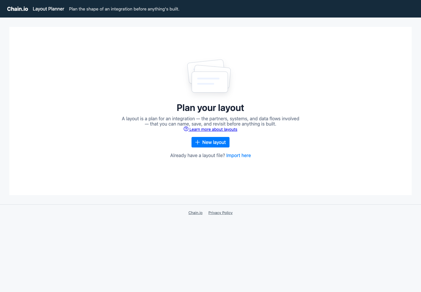 The public planner start page with the New layout button and the "Already have a layout file? Import here" link below it.