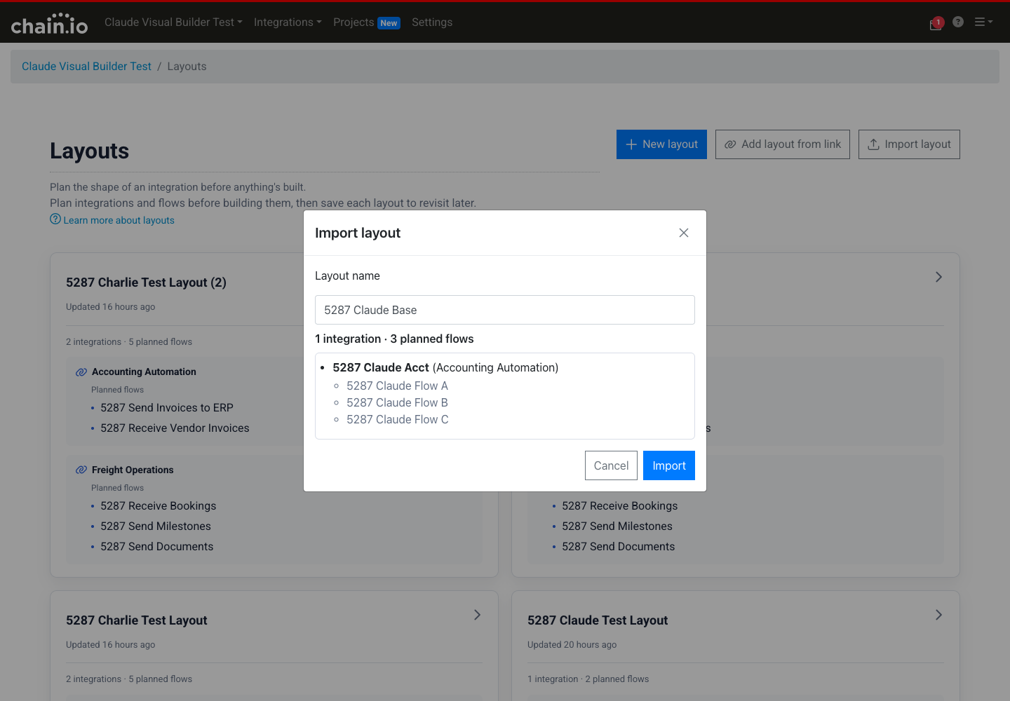 The Import layout dialog in a workspace, showing the editable layout name and a summary of one integration and its three planned flows.
