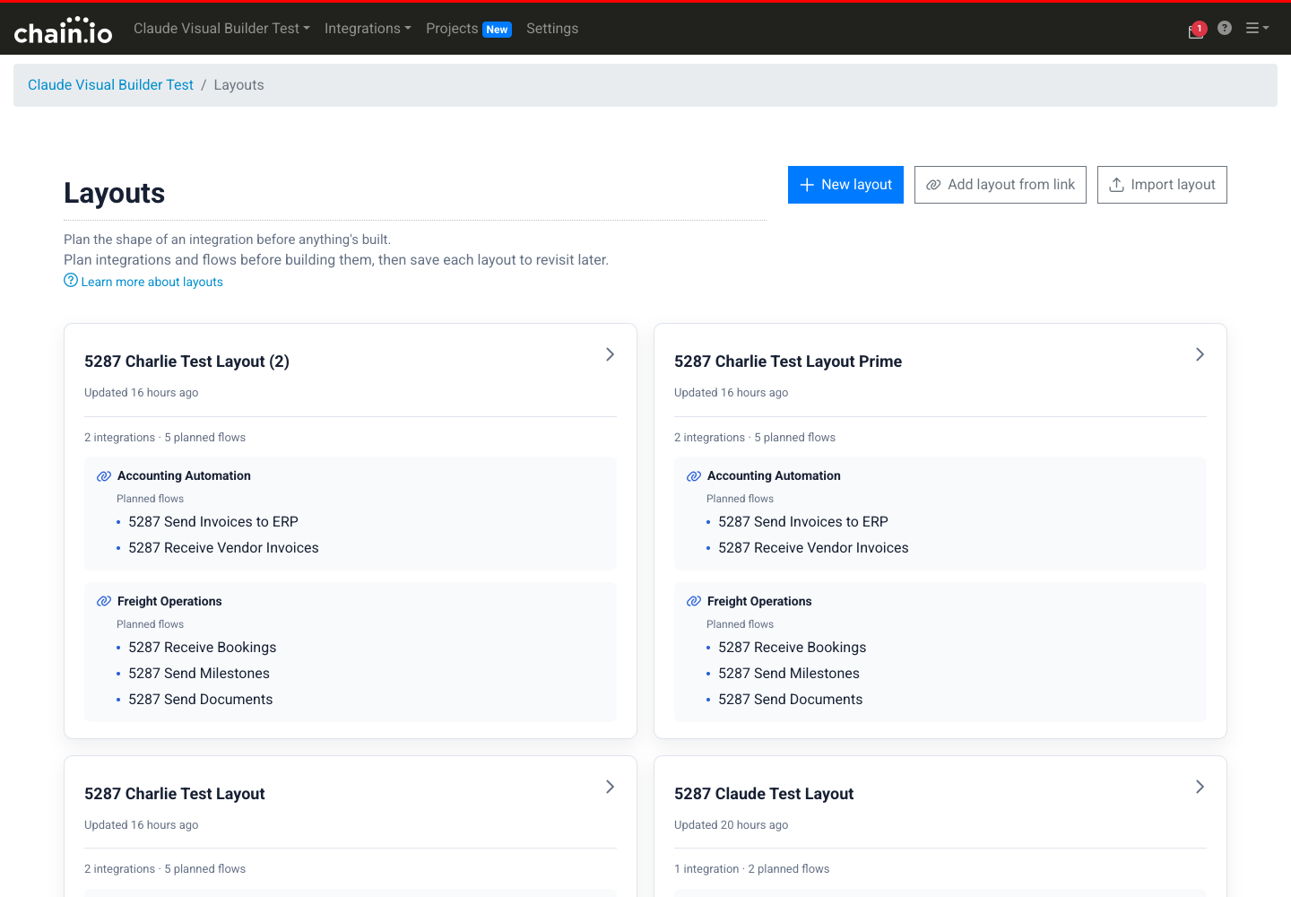 The workspace Layouts page, with the New layout, Add layout from link, and Import layout buttons beside the title and a card for each layout.