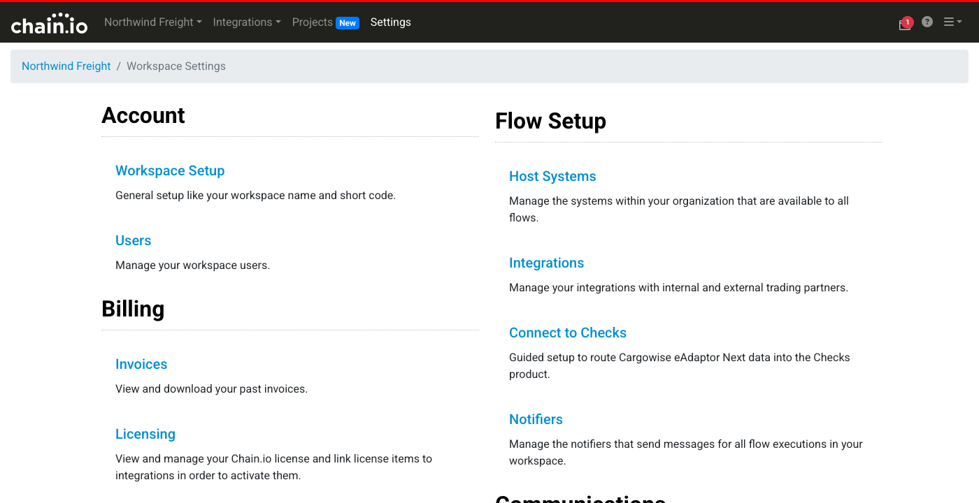 The Workspace Settings page with the Billing group showing the Invoices and Licensing links.