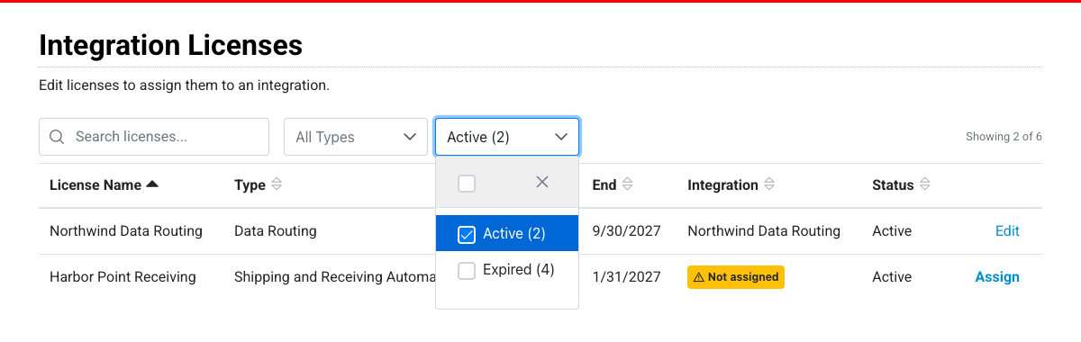 The search box, the All Types filter, and the status filter list open with Active and Expired options.
