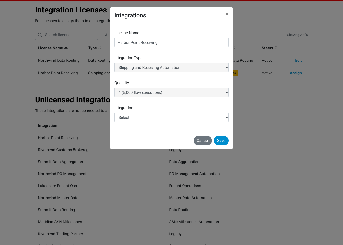 The window with License Name, Integration Type, Quantity and Integration fields and the Cancel and Save buttons.