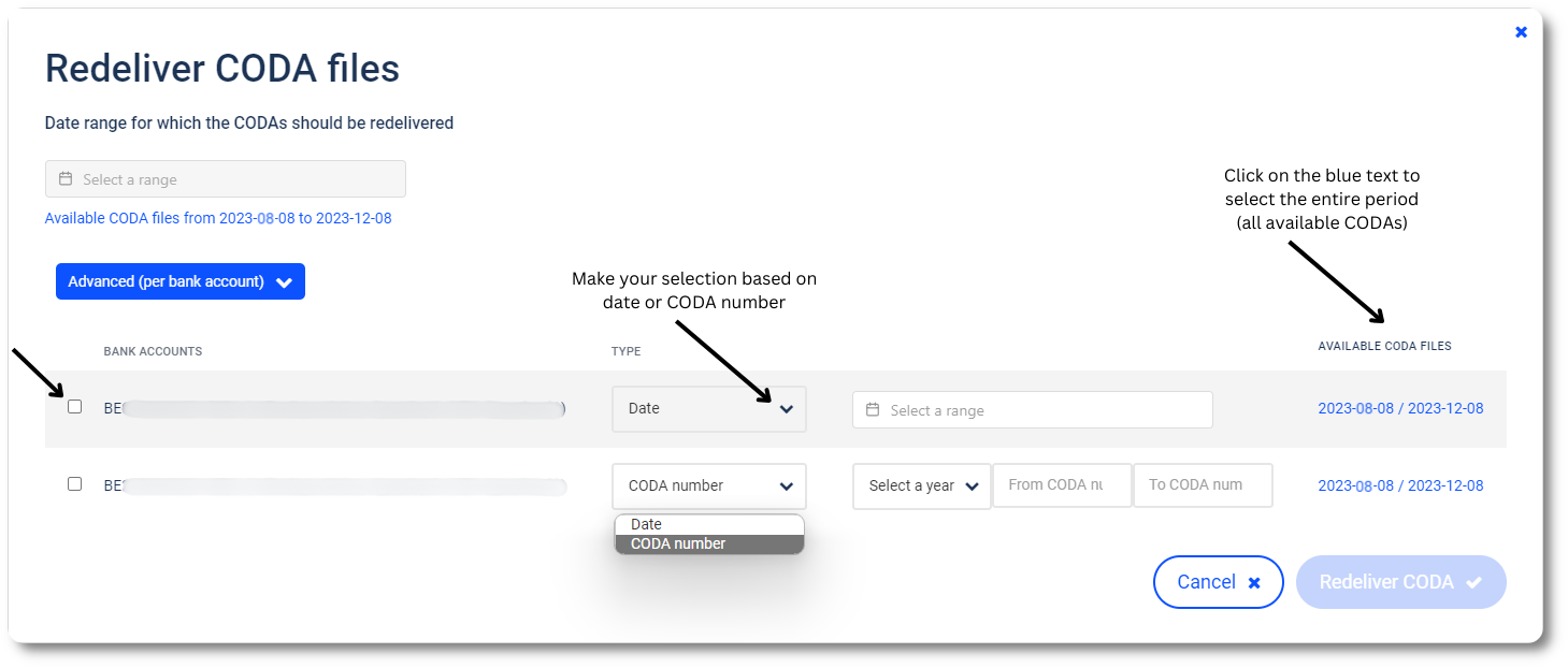 Request CODA resend by bank account via MyCodaBox