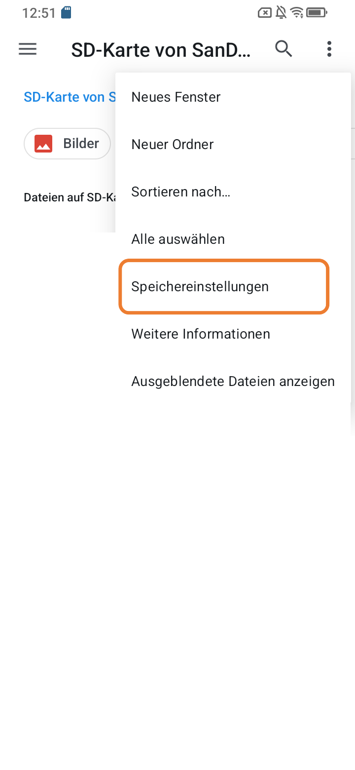 Screenshot von SD-Karte ‚‚Speichereinstellungen" ausgewählt