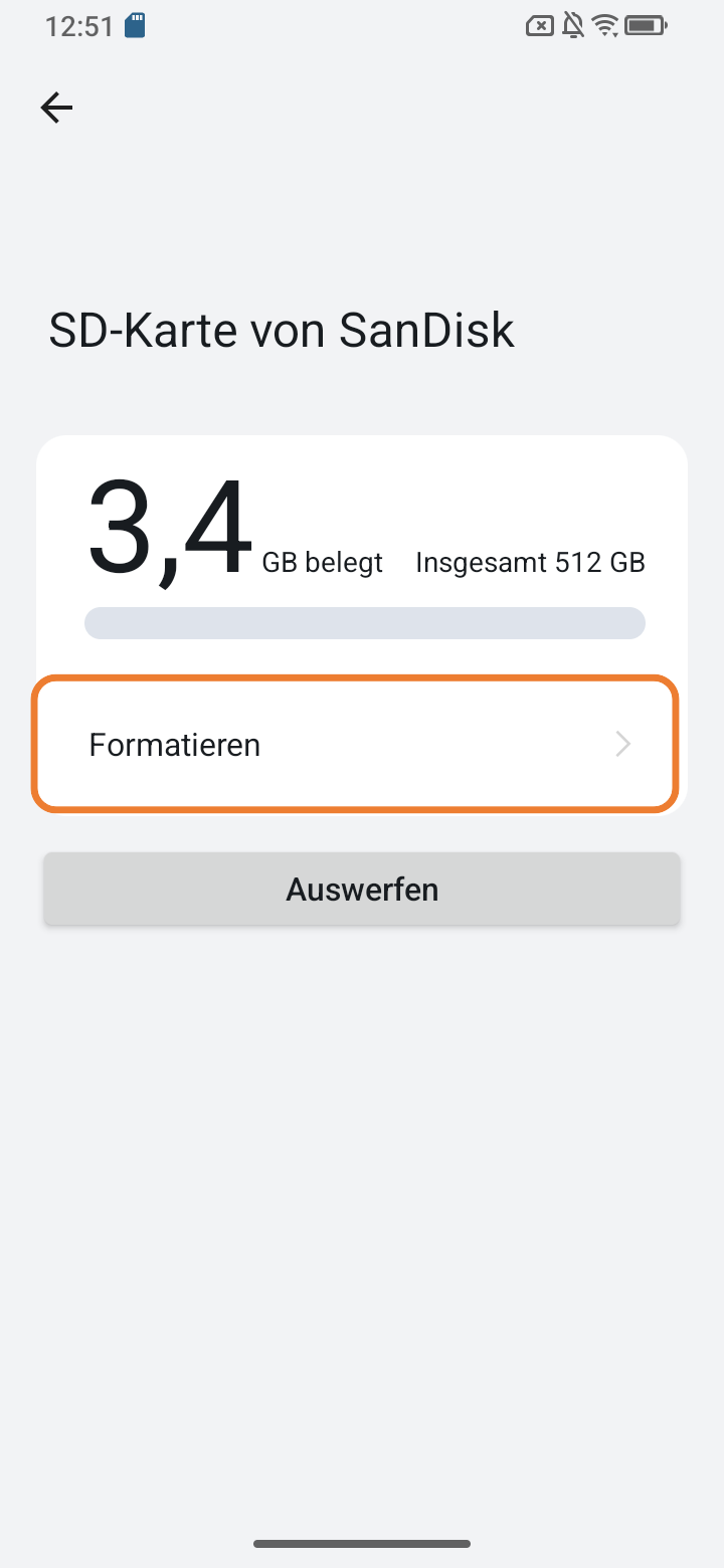 Screenshot von SD-Karte Speichereinstellungen ‚‚Formatieren" ausgewählt