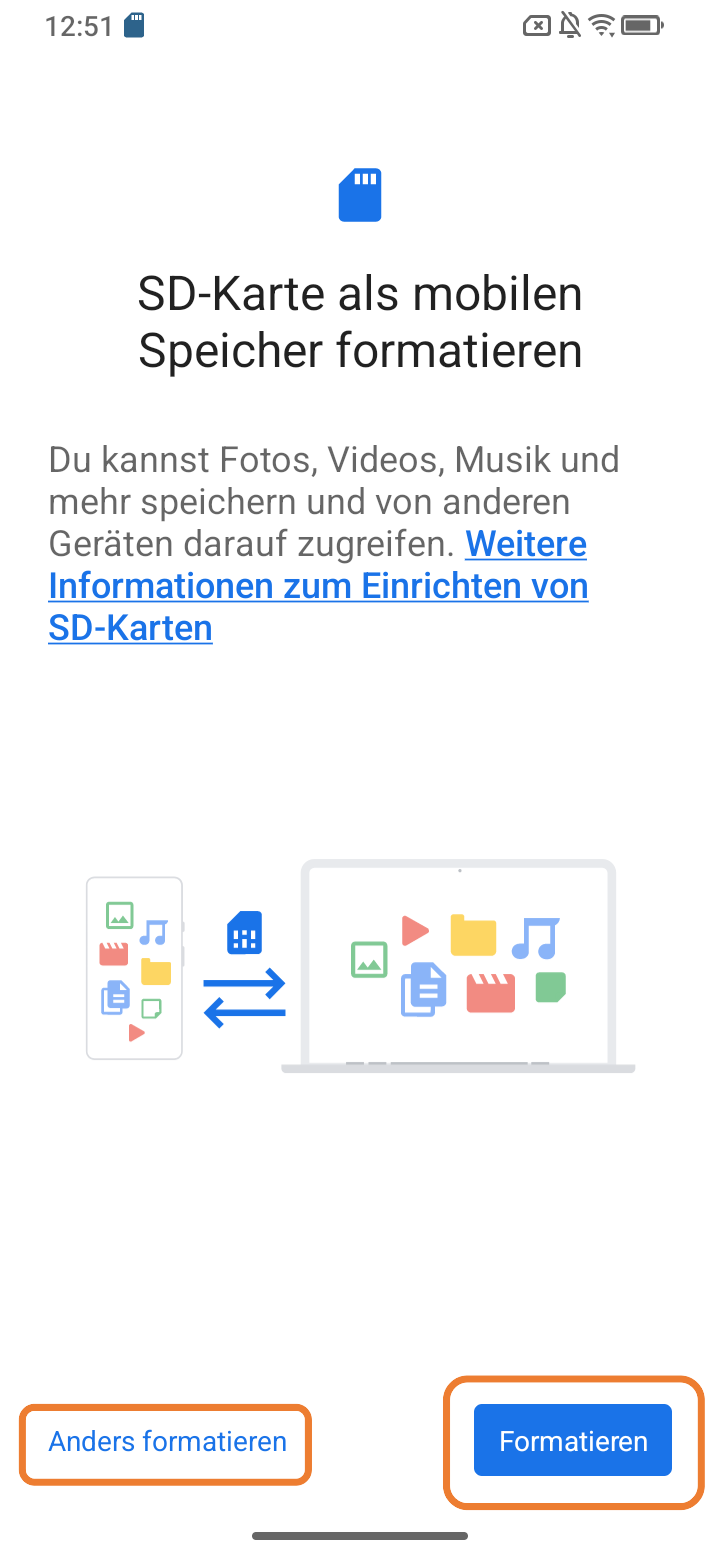 Screenshot von mobilen Speicher formatieren ‚‚Formatieren" ausgewählt