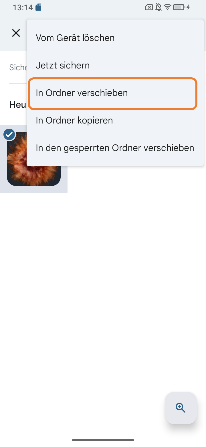 Screenshot vom ausgewähltem Foto ‚‚In Ordner verschieben" ausgewählt