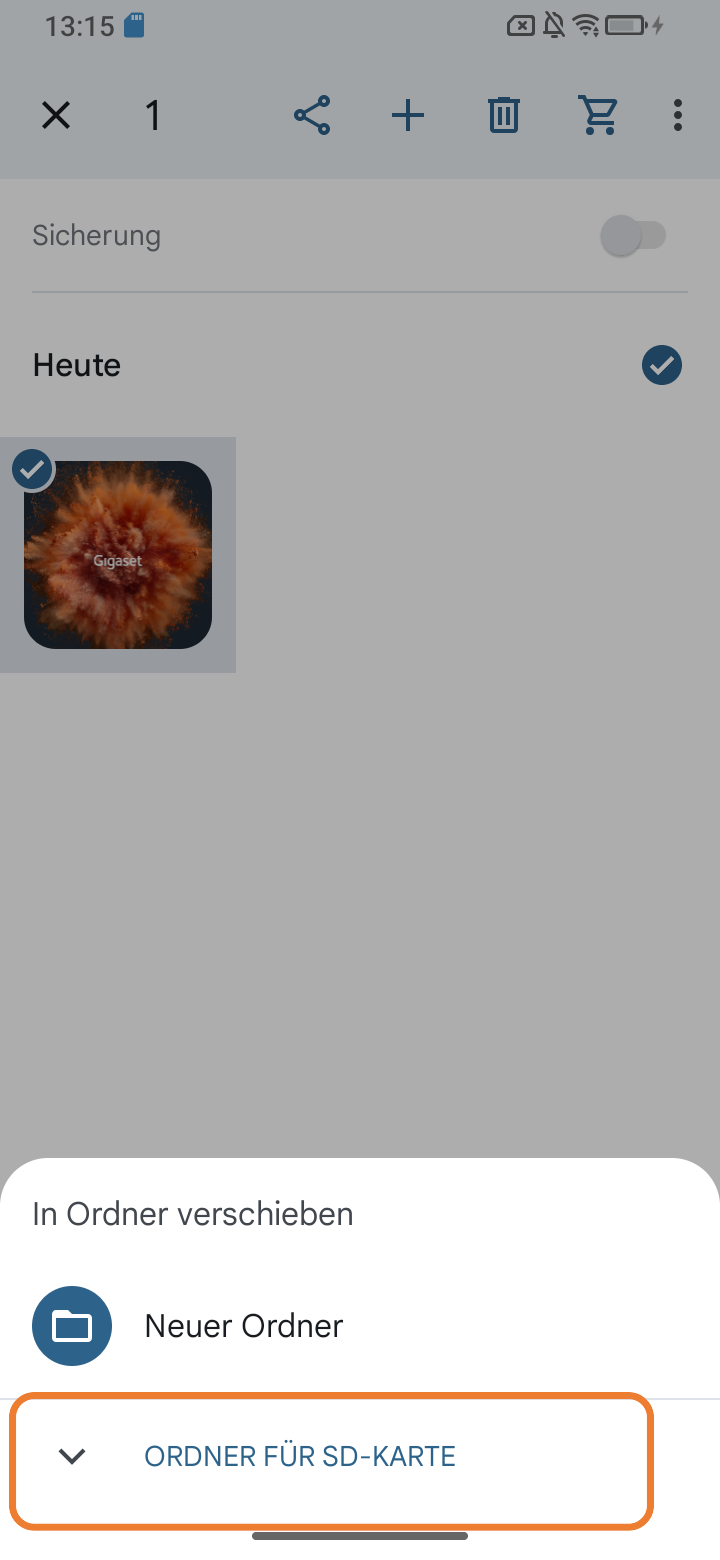 Screenshot von Foto in neuen Ordner verschieben ‚‚Ordner für SD-Karte" ausgewählt