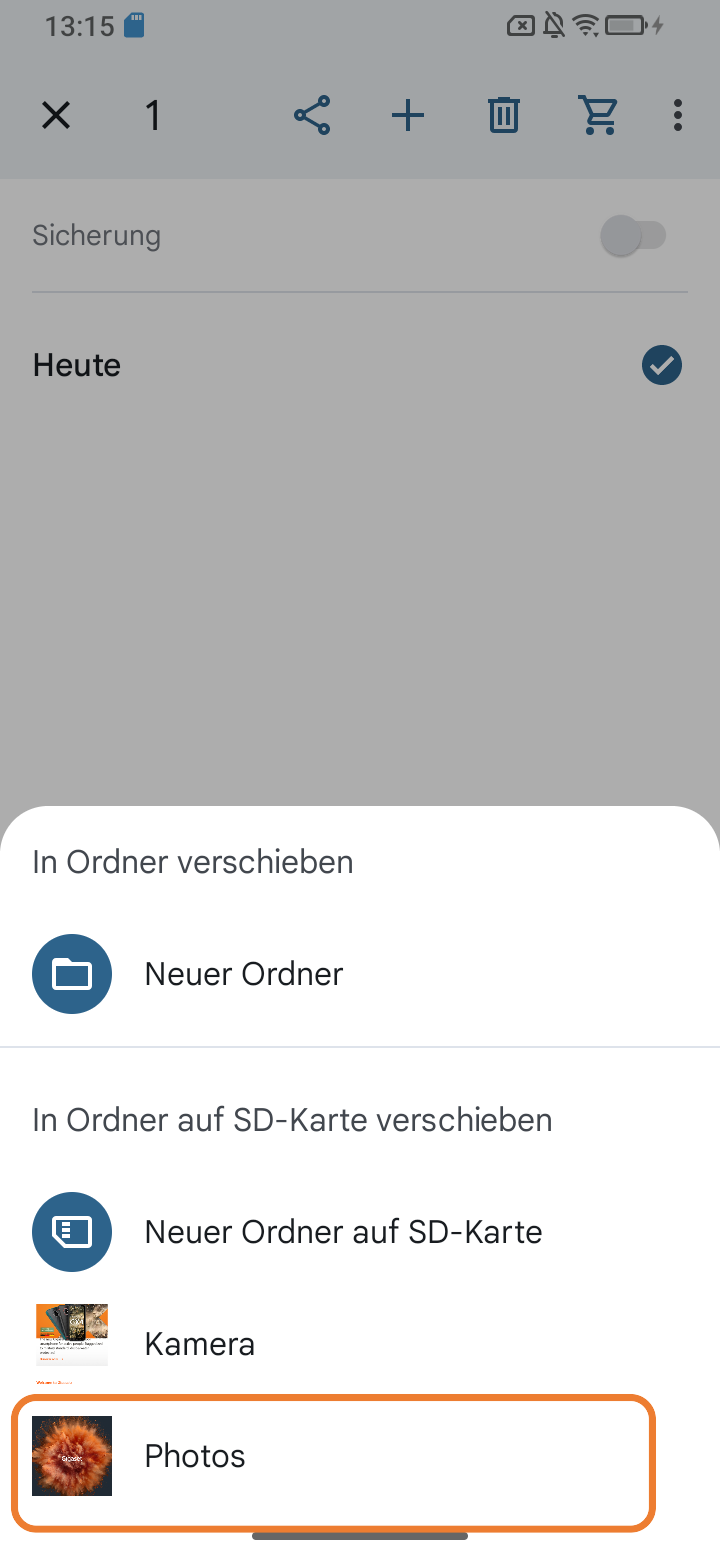Screenshot von Foto verschoben in die SD-Karte