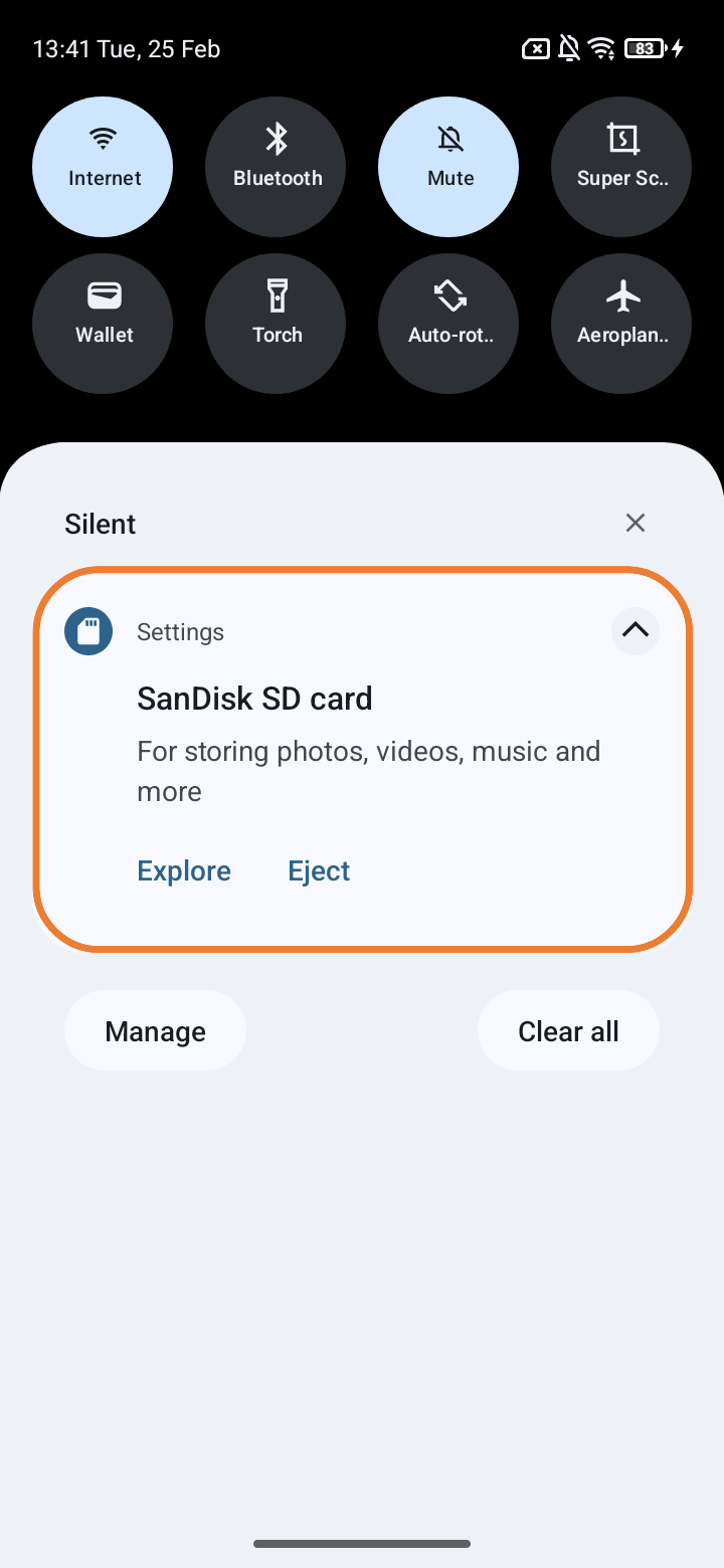 Screenshot of the start screen with notification about SD card selected