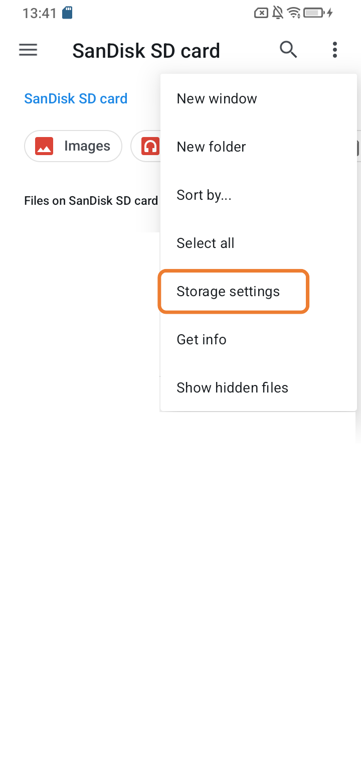 Screenshot from SD card “Storage settings” selected