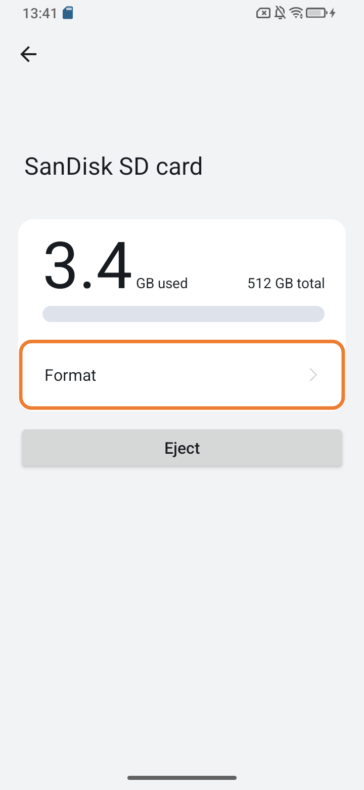 Screenshot of SD card storage settings “Format” selected